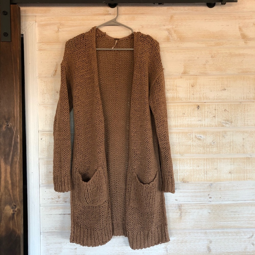 Free People Chunky Open-Front Cardigan in Camel Brown